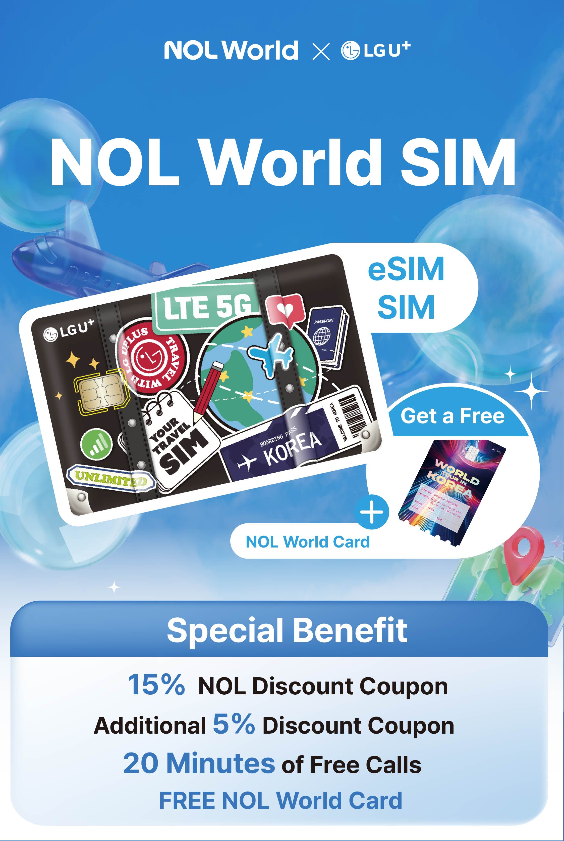 NOL World SIM | Korea Unlimited Data 5G/4G LTE eSIM/USIM + NOL World Card