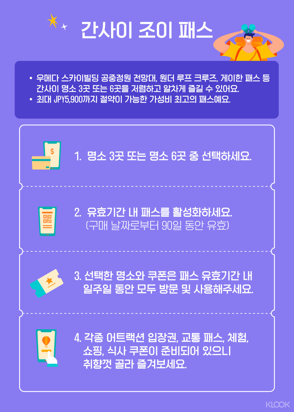 간사이 조이 패스 한 장으로 간사이 지역의 인기 시설과 레스토랑을 즐겨보세요.